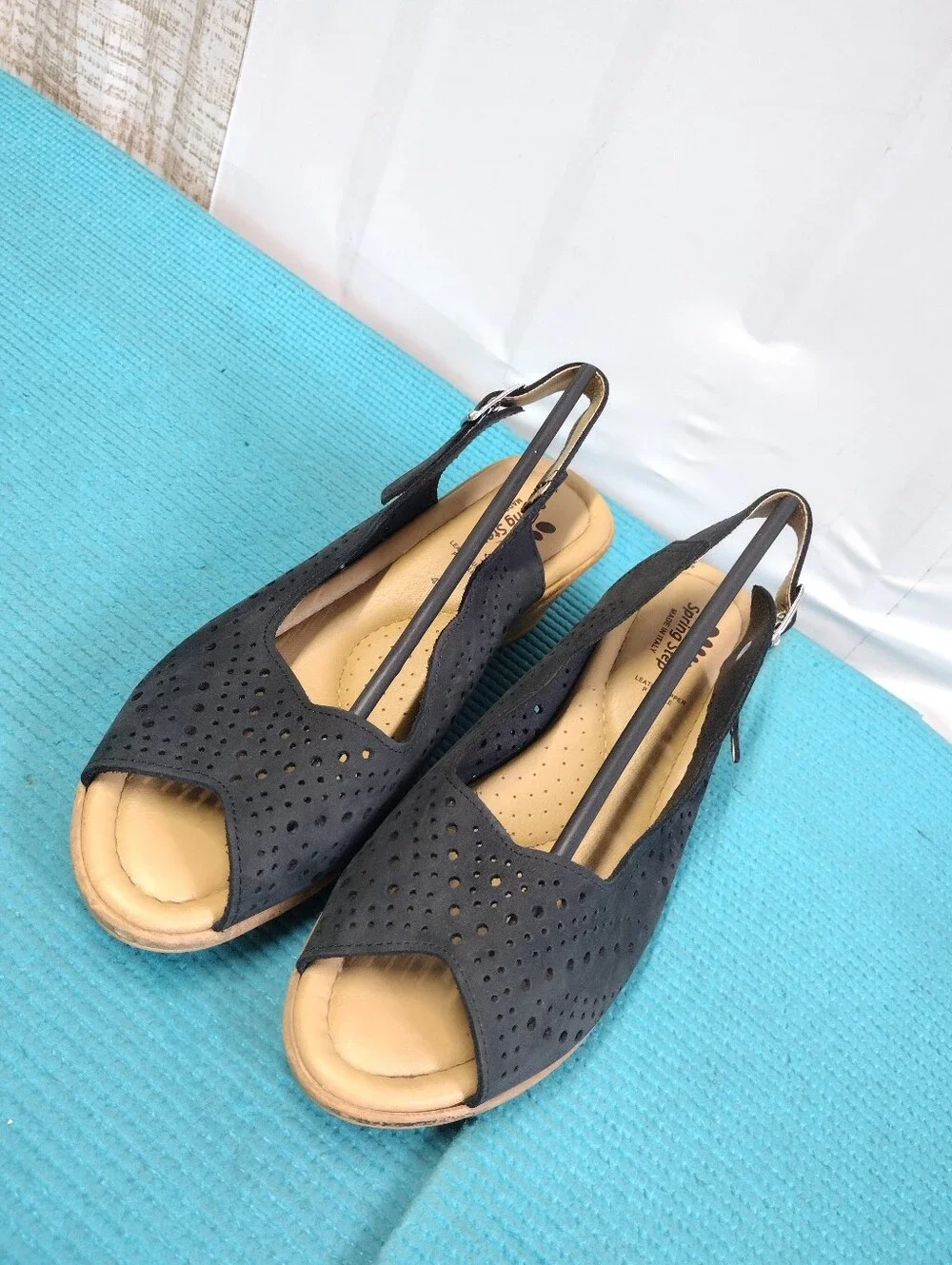 Spring Step Wedge Black Perforated Slingback Sandals Peep Toe - 9